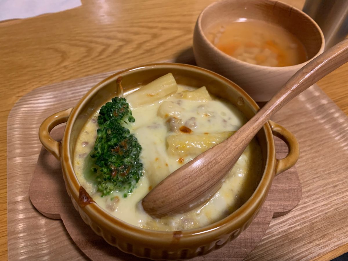 マカロニグラタンと野菜スープ